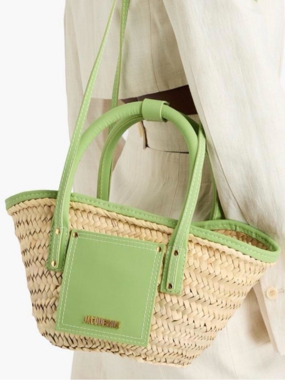 Jacquemus Straw Tote with Light Green Leather Trim